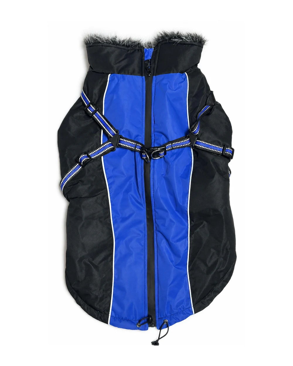 Blue and black AVERUNE insulated harness dog coat, front view