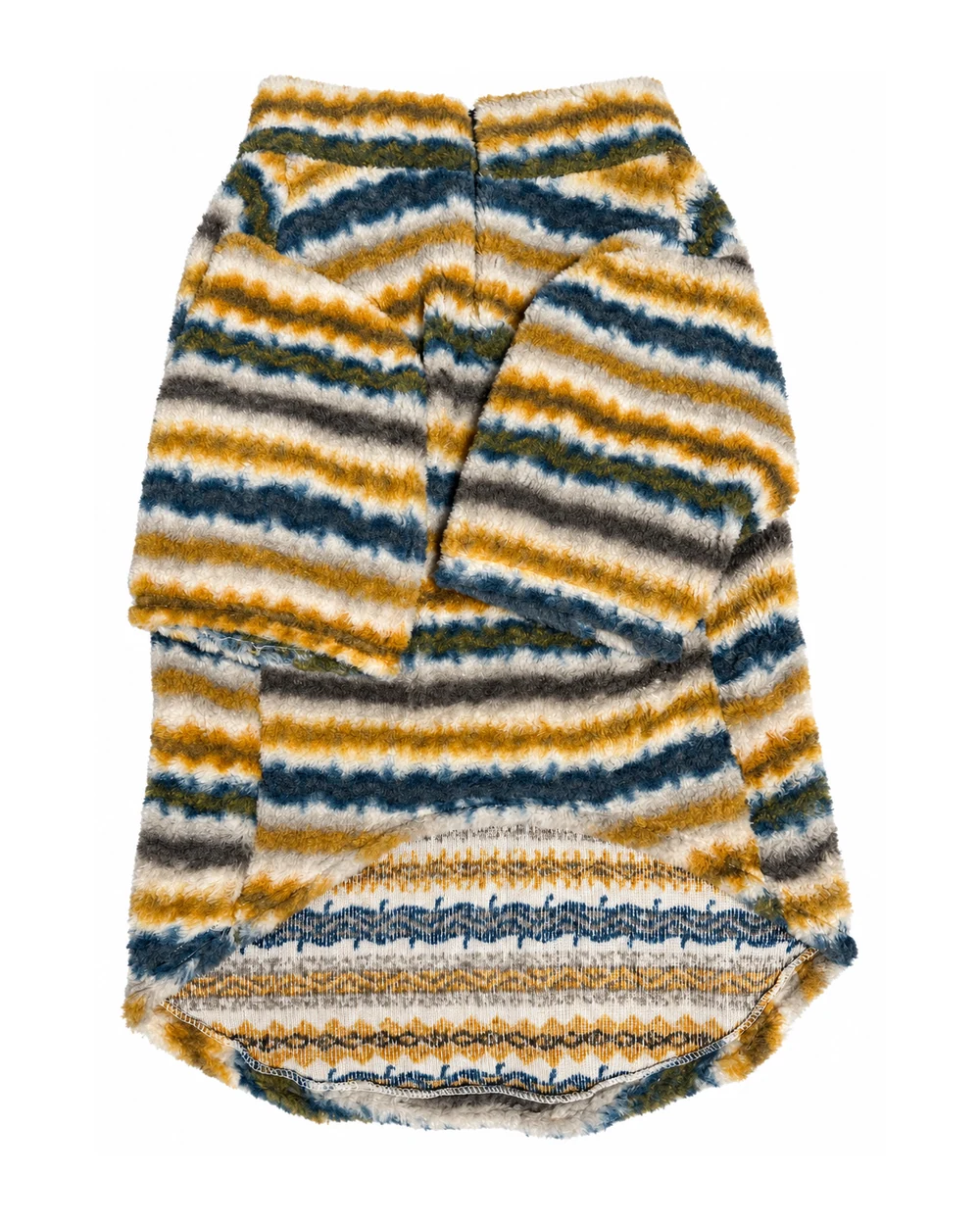 Yellow striped AVERUNE fleece dog sweater, front view