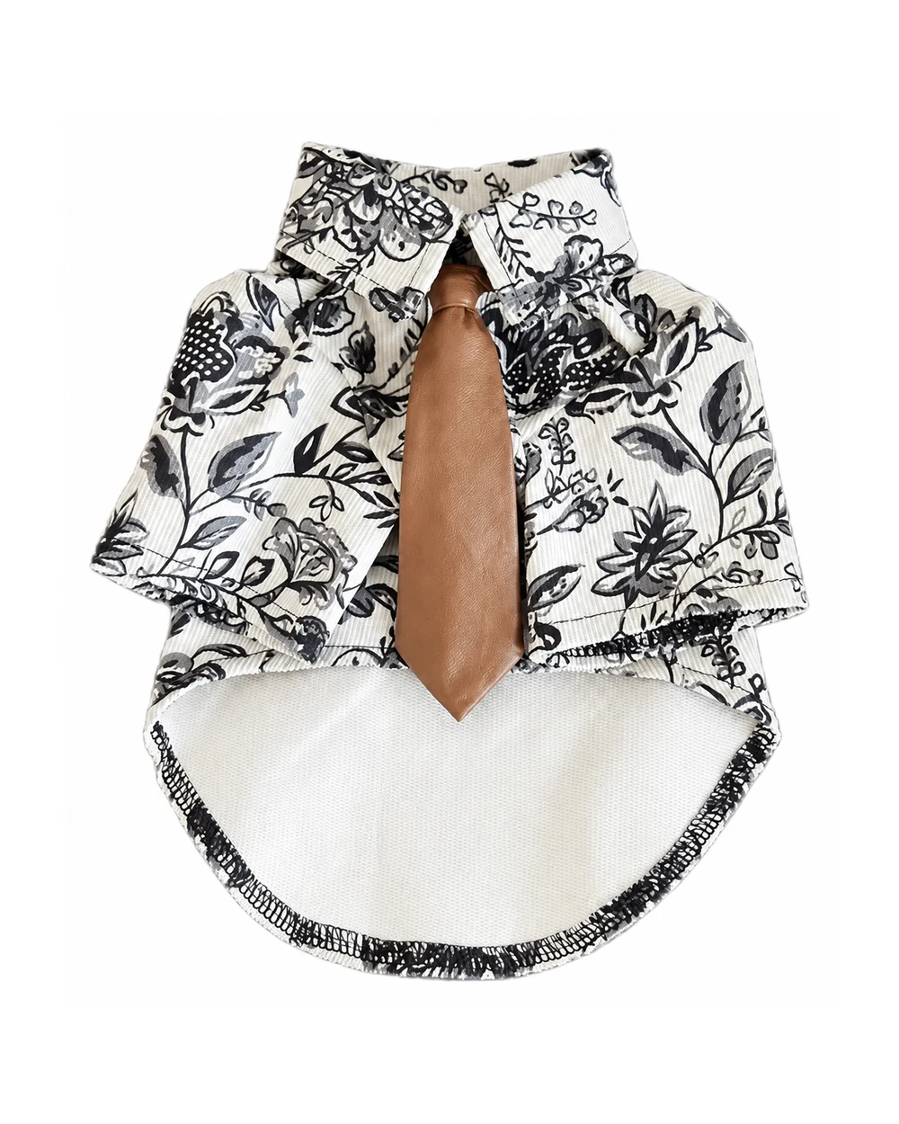 White vintage floral AVERUNE dog shirt with brown tie, front view